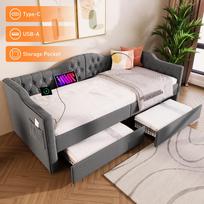 Apmušta dienos sofa-lova su saugykla, USB Type-C įkrovimo funkcija ir 2 stalčiais, 90x200 cm, pilkos spalvos linas (Be čiužinio) 215 x 99 x 86.5 cm pilka