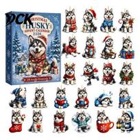 Acrylic Pendant Box Husky Christmas Advent Calendar 2026 with 24 Unique Pendants for Tree Decorations, Cute Dog Themed Holiday Countdown Ornament Set A gray