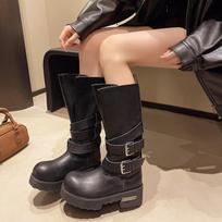 Madingi didelio dydžio 35-42 moteriški retro diržo sagties Venom batai minkštu padu motociklininko batai moteriški su paaukštintu kulnu punk mados ilgaauliai batai Botas Mujer 40 juoda
