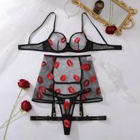 Women's Sexy Sheer Lingerie Set Mesh Lingerie Set with Red Lip Embroidery Pure Desire Thin Push-Up Bra Set L smėlis