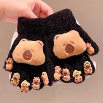 Kawaii Winter Children Gloves 3D Capybara Plush Gloves Five Finger Cold-proof Gloves Boys Girls Outdoors Thick Warm Mitten kava