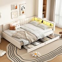 Dieninė sofa, 140x200cm, Sofa-lova, Skyrius, USB+Type C, su LED juosta, Lova su dviem stalčiais, su grotelėmis (be čiužinio), Linas, Smėlio spalvos 210 x 145 x 70.5 cm smėlis