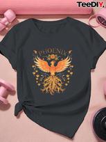 Mythical Phoenix Bird Graphic Floral Design T-shirt XL brown