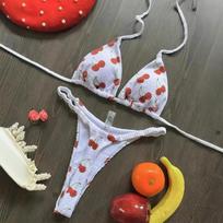 Women's Cherry Print Triangle Bikini Set Halter Thong Two Piece Swimsuit S balta
