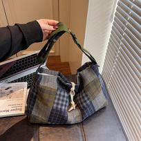 Lazy retro plaid canvas bag bag women's large capacity shoulder messenger bag casual commuter tote bag tamsiai ruda spalva