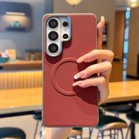Plain For Samsung Galaxy S26 Ultra S25 Edge Plus Case Magnetic Wireless Charger Shell Shockproof Protective Leather Back Cover For Galaxy S25 raudona