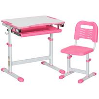 Children's Desk for 6-12 Years Old with Chair and Adjustable Height, Tiltable Top, 66x47x52-77 cm, Pink