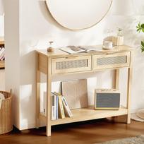 VEVOR Rattan Console Table with 2 Storage Drawers, Rattan Entryway Table with Natural Rattan Sliding Door, Console Sofa Table for Living Room, Study