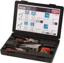 Bahco 9938 4 dalių fiksavimo žiedų replių rinkinys, 180 mm, vidiniams/ išoriniams, tiesios/ lenktos, susukamas dėklas