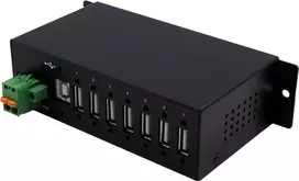 EXSYS EX-1179HMVS 7 prievadų USB 2.0 industrinis metalinis šakotuvas su DIN bėgio tvirtinimu, 480Mbit/s, ESD apsauga, -40 iki 85°C