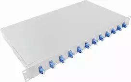 LogiLink F12LC2G 19 colių 1U stelažo optinių skaidulų sujungimo dėžė LC-Duplex 12 portų Single Mode OS2, visiškai sukomplektuota, šviesiai pilka