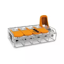 WAGO 221-615 5 laidininkų svirtinis kompaktiškas sujungimo gnybtas, 450 V, 32 A, permatomas/oranžinis