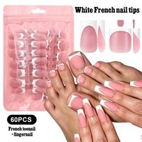 60pcs French False Nails Short Square Press on Toenails Retro Short Tip Toenail  For Women Girl balta