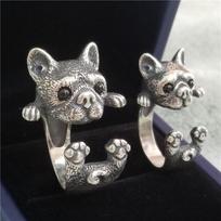 Retro buldogo šuniuko žiedas vyrams ir moterims, mielas, sidabro spalvos, reguliuojamas žiedas, augintinio rankų darbo papuošalų aksesuarai, unisex dovana mylintiems resizable gray