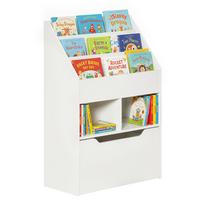 Multi-storage bookcase with 3 shelves, 2 niches, and a large wooden drawer, white