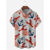 Lobster print short sleeved Hawaiian shirt, fashionable and casual beach vacation men's shirt, summer 2024 M gray