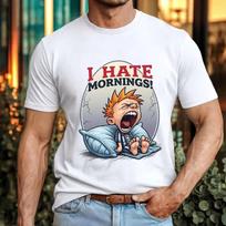 I Hate Mornings Funny Cartoon T-Shirt Retro Comic Sleep Gift Birthday Tee Top M white
