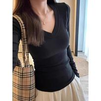 Hong Kong-style retro solid color V-neck front shoulder long-sleeved T-shirt for women's spring, autumn and winter new slim-fitting L pilka spalva