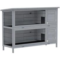 Wooden rabbit hutch with 2 levels, asphalt roof, base tray, and doors, suitable for small animals, 136.4 x 50 x 93 cm, grey