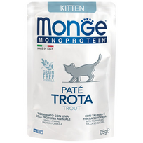 MONGE Monoprotein konservuotas pašaras su upėtakiu kačiukams, 85 g