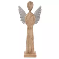 Angelo figūrėlė iš mango medienos su metaliniais sparnais, ruda, 16,5 × 5 × 42,5 cm