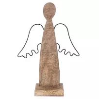 Angelo figūrėlė iš mangų medienos su metaliniais sparnais, ruda, 13,5 × 4 × 21 cm