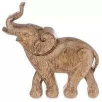 Dramblio statulėlė iš mango medienos su pakeltu straubliu, ruda, 19 × 3,5 × 20 cm