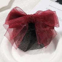 Sweet Elegant Bowknot Net Bun Snood Vintage Convenient Women Spring Clips Satin Gauze Crochet Hair Bun Cover Office black