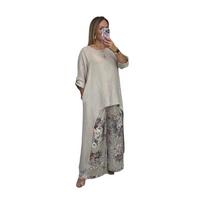 Casual Cotton Linen Top Wide Leg Pants Set Women's Summer Style Comfortable Breathable Fashionable Outfit 3XL smėlis