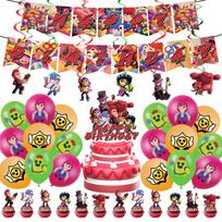 Brawl Stars vakarėlio reikmenų rinkinys su vėliava, girlianda, balionais, staltiese, stalo įrankiais, žaidimo tema gimtadienio dekoracijomis vaikams