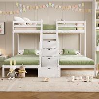 Bunk Bed, 90 x 200cm, 3 Beds, Pine Wood, Stowable Ladder with Drawers, Railing, EN 747 Certified, without Mattress, white 240 x 205 x 163 cm balta