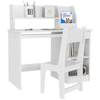Children's desk with ergonomic chair, sliding keyboard tray, drawer, open shelves and niches, 90 x 45 x 90 cm, white