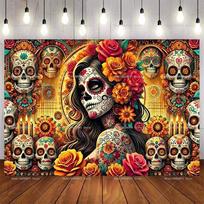 Mexican Fiesta Día De Los Muertos Backdrop Day Of The Dead Theme Birthday Party Wall Decor Photo Booth Photography Supplies 70.9x43.3inch/180*110cm orange