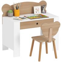 Children's desk set, work table and chair in bear shape, drawer, for writing and crafting, 3-8 years, natural wood