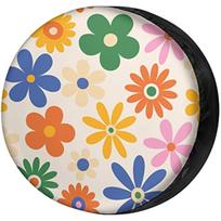 Retro 70s Daisy Flowers Spare Tire Cover Waterproof UV Sun Protector for RV SUV Truck 14inch orange
