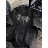 Men's Bench Press Barbell Printed Pattern T-shirt Loose Street Style Printed Round Neck Short Sleeve S gray