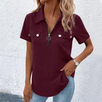 Women's Fashion Lapel Half-Zip Short-Sleeve Top With Pocket XXL juoda