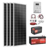 VEVOR 400W 12V pilnas saulės energijos rinkinys, 4*100W monokristaliniai saulės kolektoriai + 12.8V 200Ah LiFePO₄ baterija + 40A MPPT įkrovimo valdiklis + 2000W galia