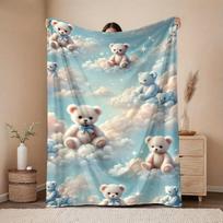 Plush Teddy Bear & Clouds Flannel Blanket - Pastel Pink/Blue/Green/Beige, All-Season Cozy Bedspread, ' Decor, ' Room, Size: 75*100cm, Weight: 280 GSM gray