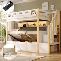 Bunk Bed, Hydraulic Lower, Loft of Solid Wood, 90*200+90*200cm, LED Light Strip, USB Charging, Storage Stairs, PU-Upholstered Headboard, White+Natural 257 x 103.5 x 160 cm balta