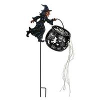 Festive Holiday Gift for Gardeners Halloween Witch Cauldron Garden Light, Metal Yard Stake with LED String Front Accessories Lights, Waterproof A black