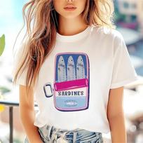 Summer Top Women's New Beach Travel Sardine Print Cartoon Cute Short Sleeve Travel Casual Style Basic Round Neck Popular T-Shirt XXXXL balta