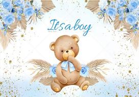 Blue Hot Air Balloon Bear Background Baby Baptism Girl Boy Birthday Party Supplies Boho Photography Background Decoration Banner 47.2x31.5inch/120*80cm beige
