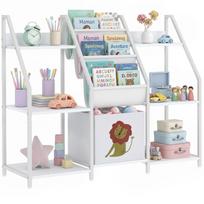 Montessori Bookcase for Children Ages 3-8 with 3 Fabric Shelves, Wooden Compartments and Drawer, White