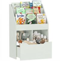 Multi-storage bookcase with 3 shelves, 2 niches, and a large wooden drawer in light green