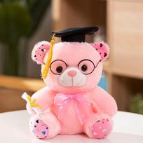 25cm Baigimo meškiukas pliušinis žaislas - Daktaras Teddy su kepure ir diplomu 3 spalvų mielas kimštas žaislas dovana studentams (Balta/geltona/rožinė) 22cm rožinė