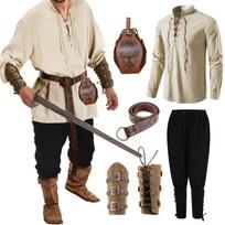 4 vnt. Helovino vyriškas renesansinis kostiumas Viduramžių pirato marškiniai kelnės su raišteliais ties kulkšnimis vikingų diržo aksesuarai 2XL black