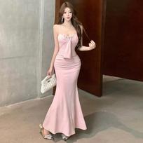 Pure and alluring style sexy pink spaghetti strap dress for women, summer elegance, socialite slimming figure, hip-hugging mermaid long dress XL gray