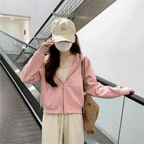 Women's Cropped Zip Up Hoodie Long Sleeve Solid Color Loose Fit Casual Korean Style Short Jacket XL gray