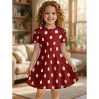 Girls' Retro Red Polka Dot Printed T-shirt Dress, Children's Daily and Party Casual A-line Dress Suitable for Birthday Gifts 150 beige